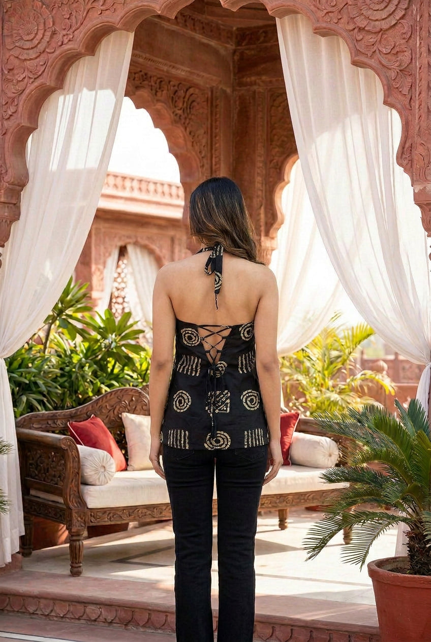 Tara Geometric Halter Top in Classic Black & Cream