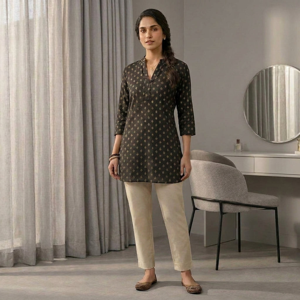 Women's Black Foil Printed A-Line Kurti with V-Neck & 3/4 Sleeves