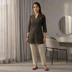 Women's Black Foil Printed A-Line Kurti with V-Neck & 3/4 Sleeves