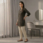 Women's Black Foil Printed A-Line Kurti with V-Neck & 3/4 Sleeves