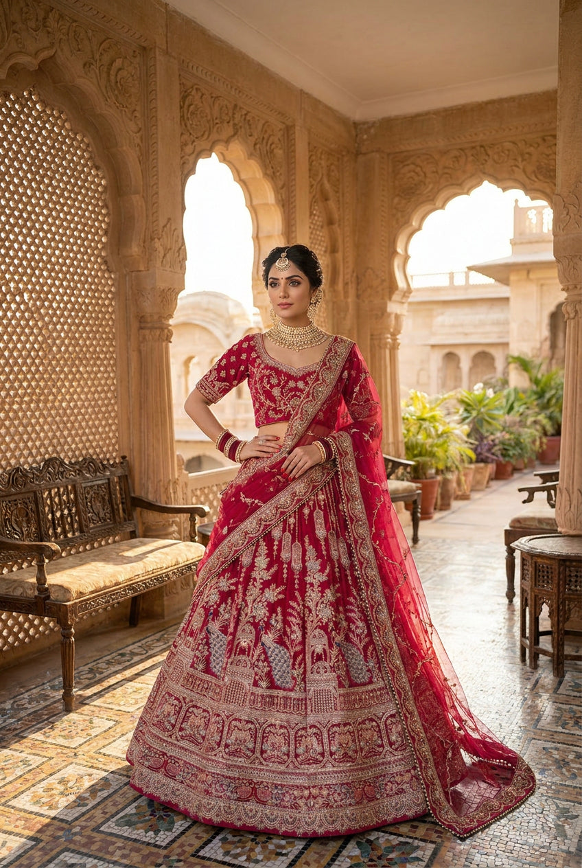 Regal Rani Pink Bridal Lehenga Set with 2 Chunni Unstitched