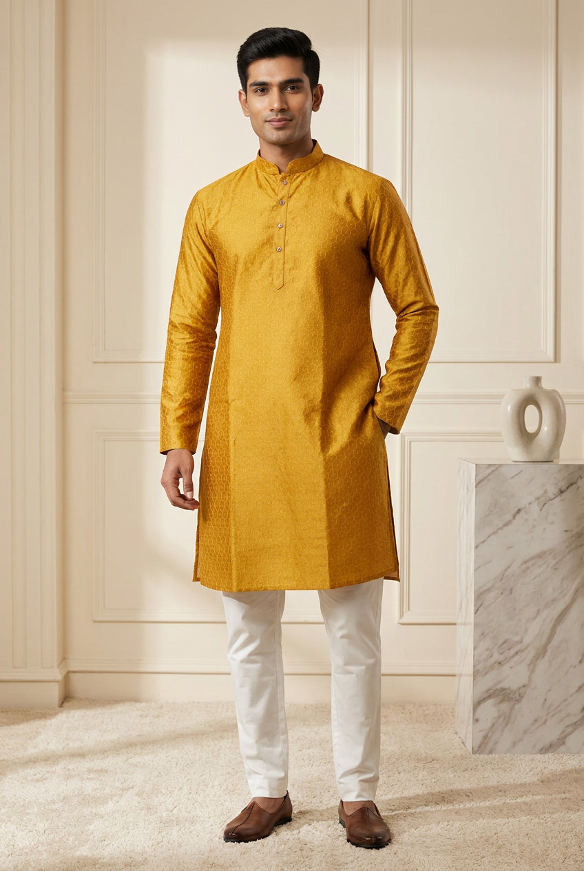 Reyansh Textured Silk Kurta Set in Festive Ochre