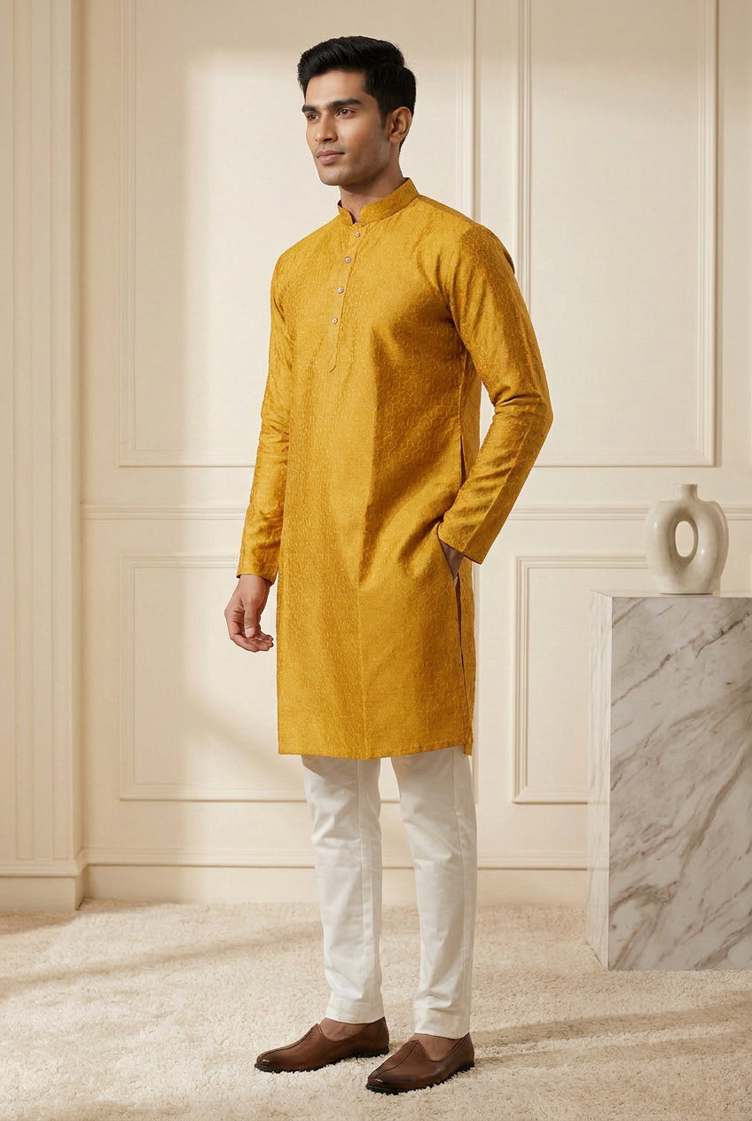 Reyansh Textured Silk Kurta Set in Festive Ochre
