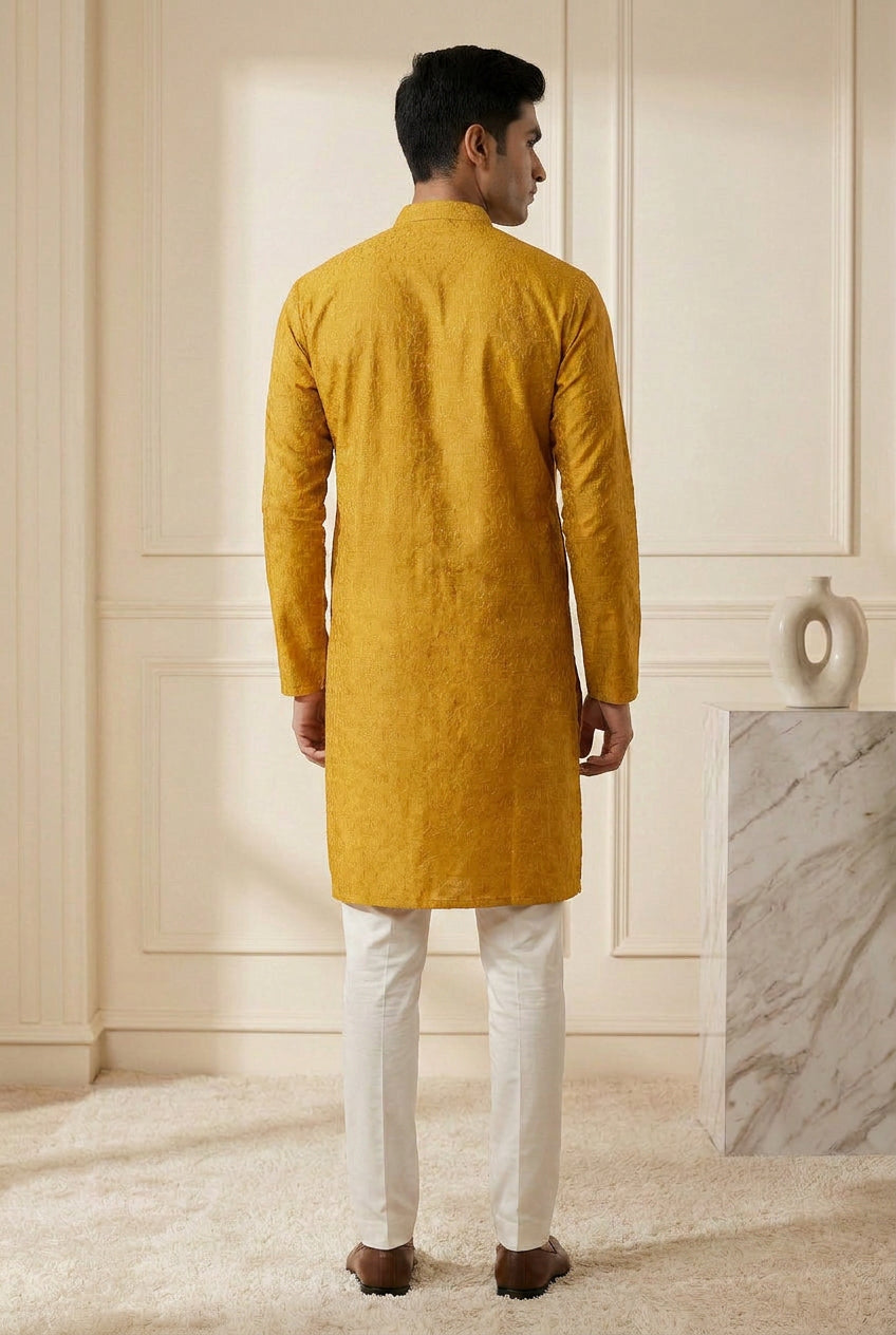 Reyansh Textured Silk Kurta Set in Festive Ochre