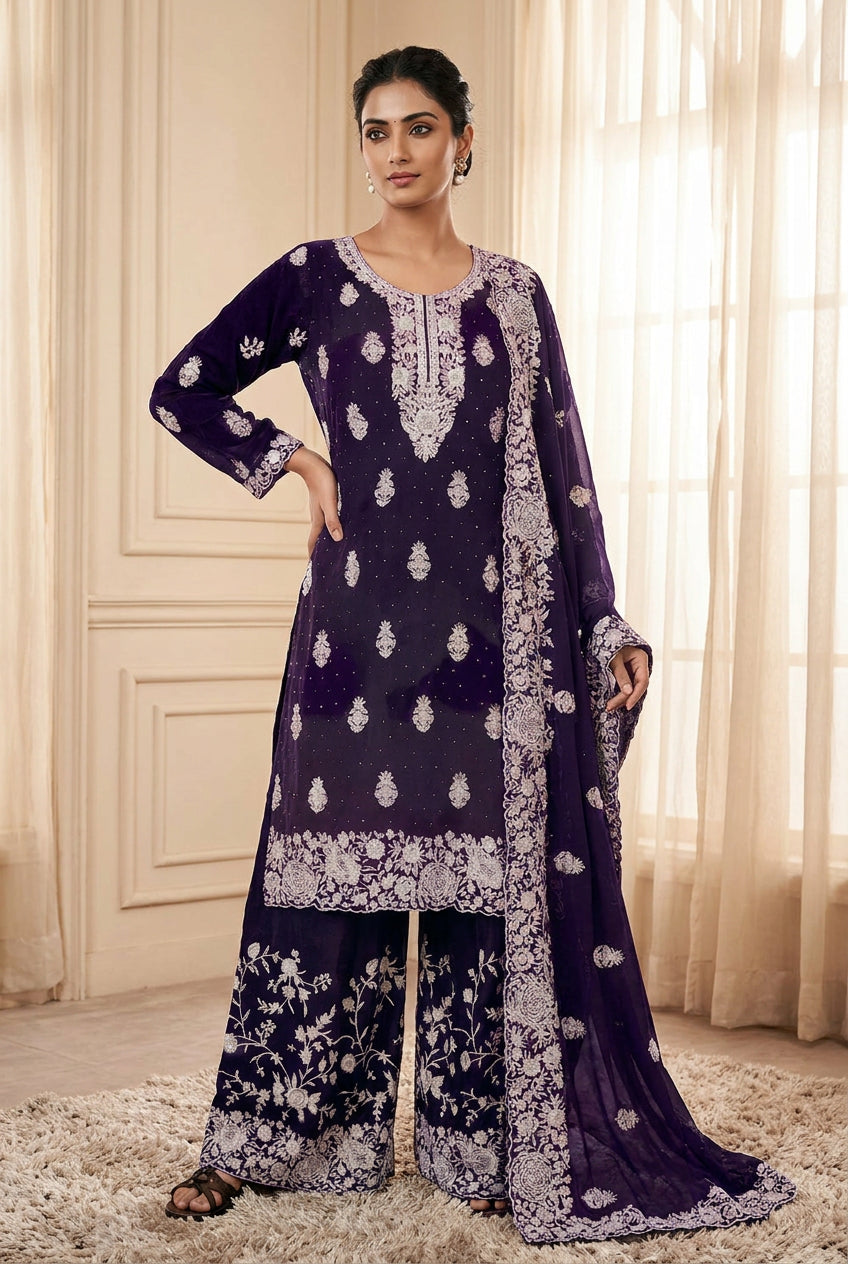 Royal Purple Printed Kurti Palazzo Set for Women