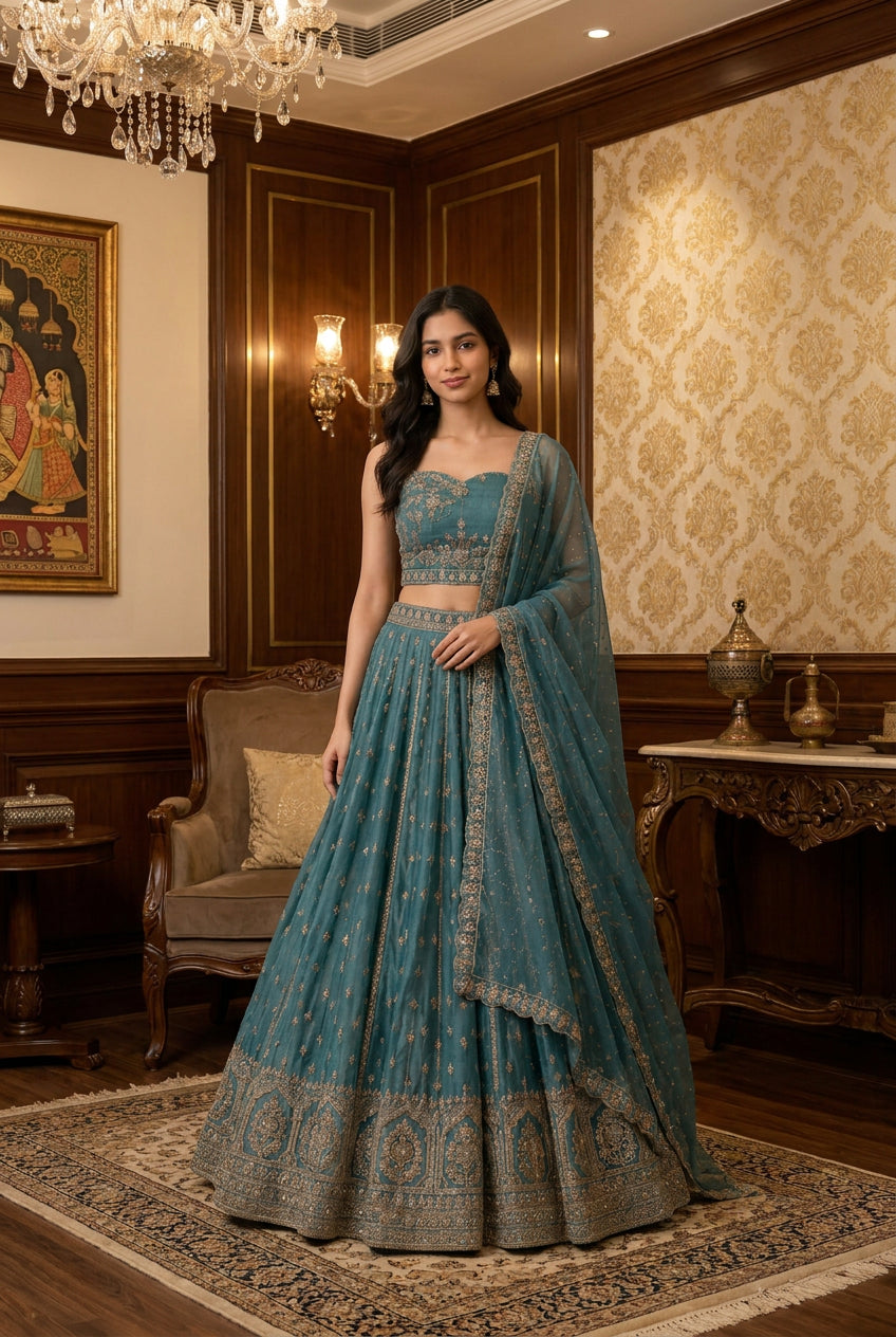 Samira Regal Architectural Embroidered Lehenga in Shimmering Teal