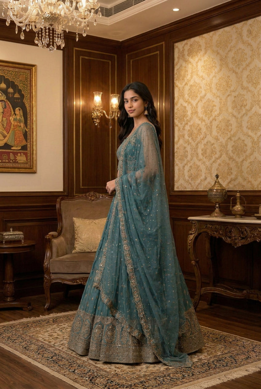 Samira Regal Architectural Embroidered Lehenga in Shimmering Teal