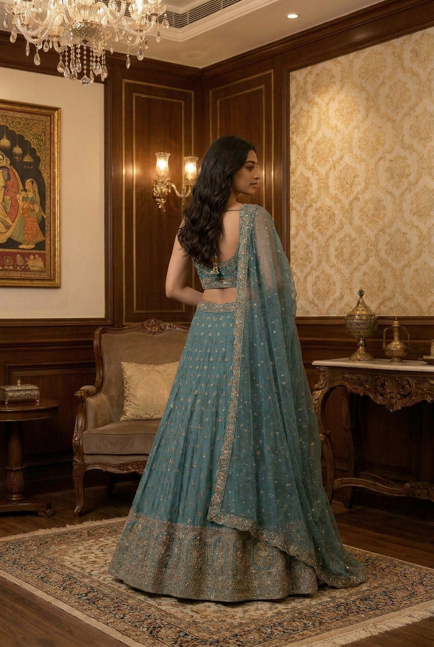 Samira Regal Architectural Embroidered Lehenga in Shimmering Teal