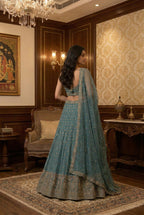 Samira Regal Architectural Embroidered Lehenga in Shimmering Teal
