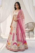 Shanaya Ornate Panel-Embroidered Lehenga Set in Cream & Blossom Pink
