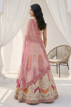 Shanaya Ornate Panel-Embroidered Lehenga Set in Cream & Blossom Pink