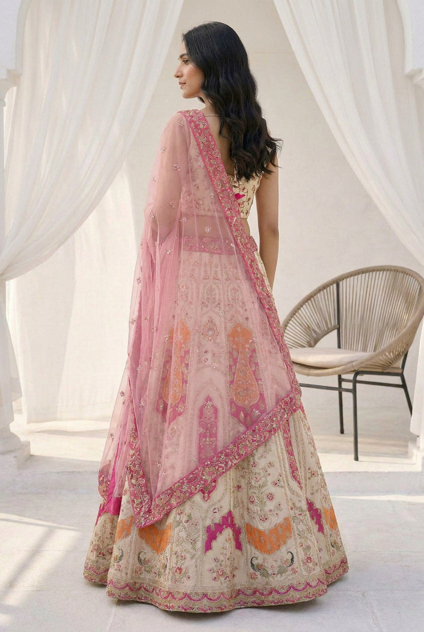 Shanaya Ornate Panel-Embroidered Lehenga Set in Cream & Blossom Pink