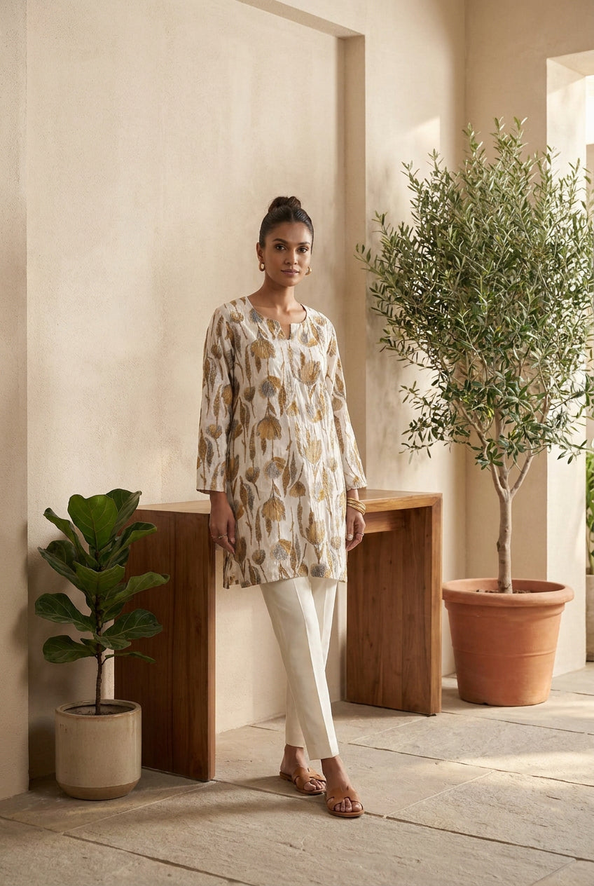 Women’s Floral Printed Kurti Top – Elegant Neutral Ethnic Wear