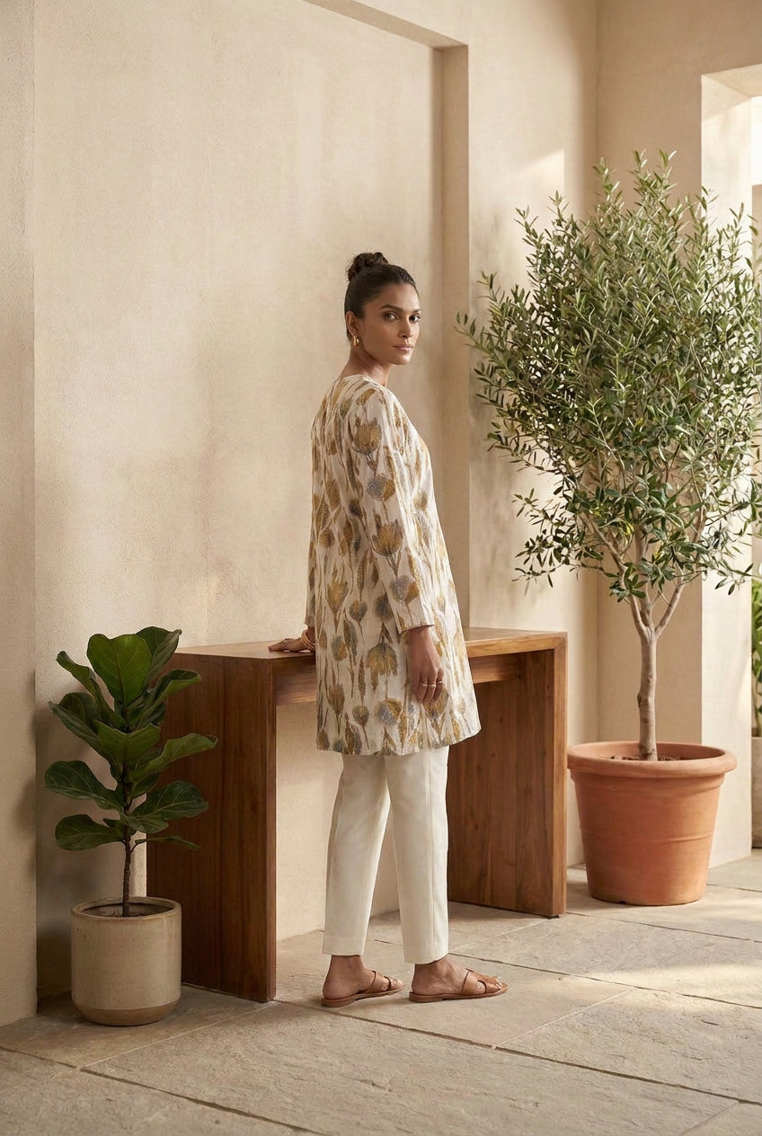 Women’s Floral Printed Kurti Top – Elegant Neutral Ethnic Wear