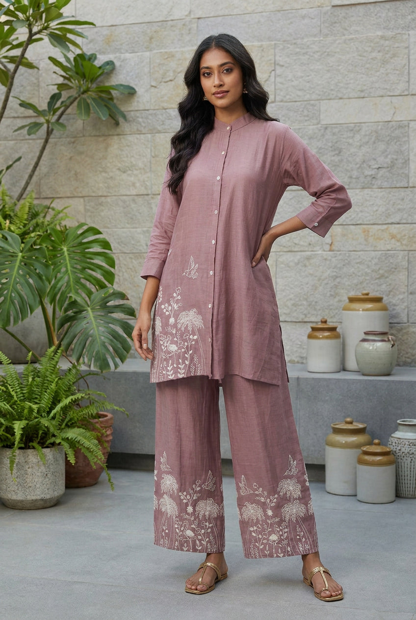 Zara Scenic Embroidered Button-Down Set in Muted Plum
