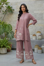 Zara Scenic Embroidered Button-Down Set in Muted Plum