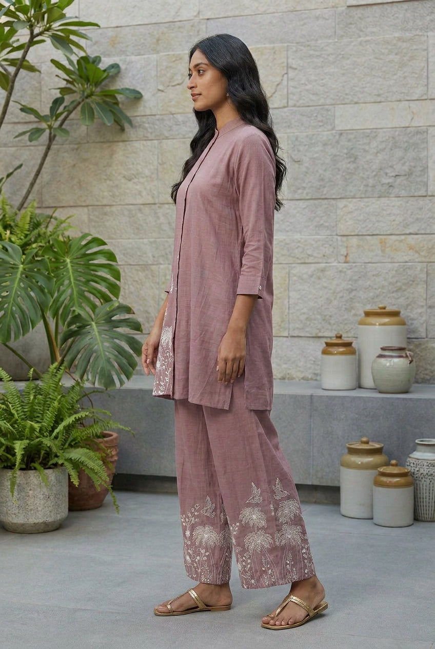 Zara Scenic Embroidered Button-Down Set in Muted Plum