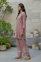 Zara Scenic Embroidered Button-Down Set in Muted Plum
