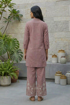 Zara Scenic Embroidered Button-Down Set in Muted Plum