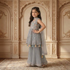 Kids Soft Grey-Green 3-Piece Sharara Suit with Pastel Floral Embroidery & Tassels