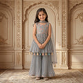 Kids Soft Grey-Green 3-Piece Sharara Suit with Pastel Floral Embroidery & Tassels