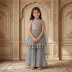 Kids Soft Grey-Green 3-Piece Sharara Suit with Pastel Floral Embroidery & Tassels