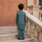 Kids Traditional 3-Piece Kurta Pajama with Embroidered Nehru Jacket (Teal Blue)