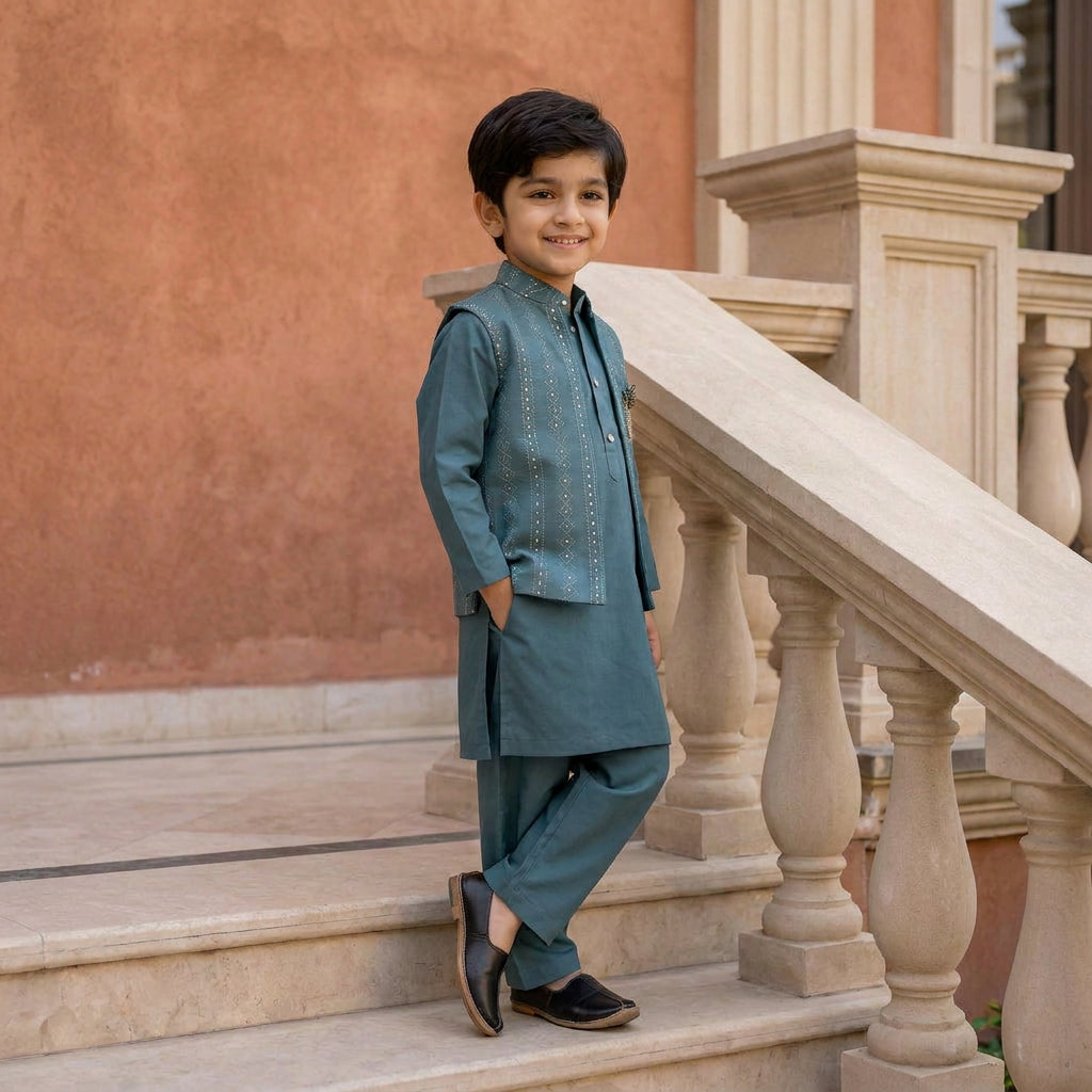 Kids Traditional 3-Piece Kurta Pajama with Embroidered Nehru Jacket (Teal Blue)