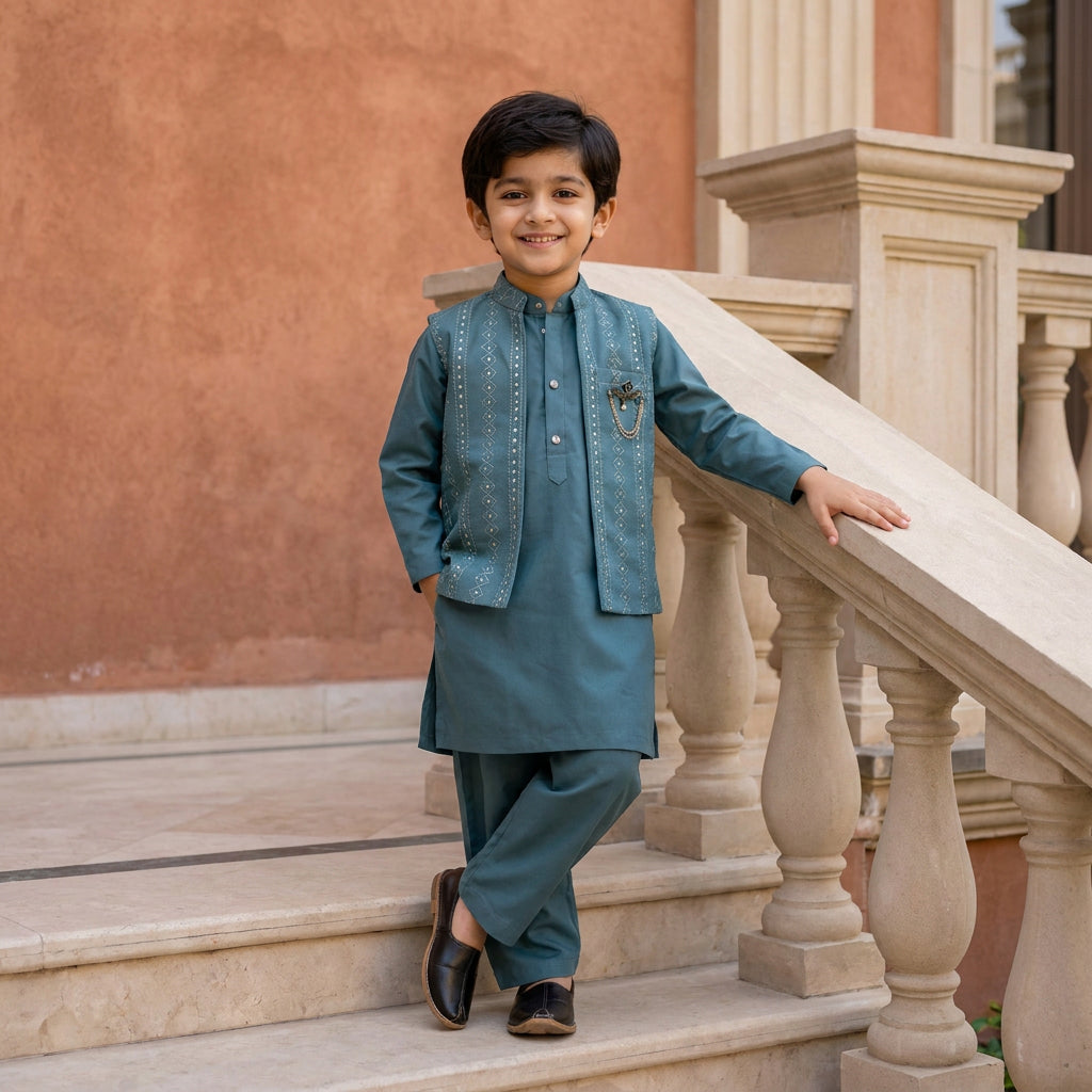 Kids Traditional 3-Piece Kurta Pajama with Embroidered Nehru Jacket (Teal Blue)