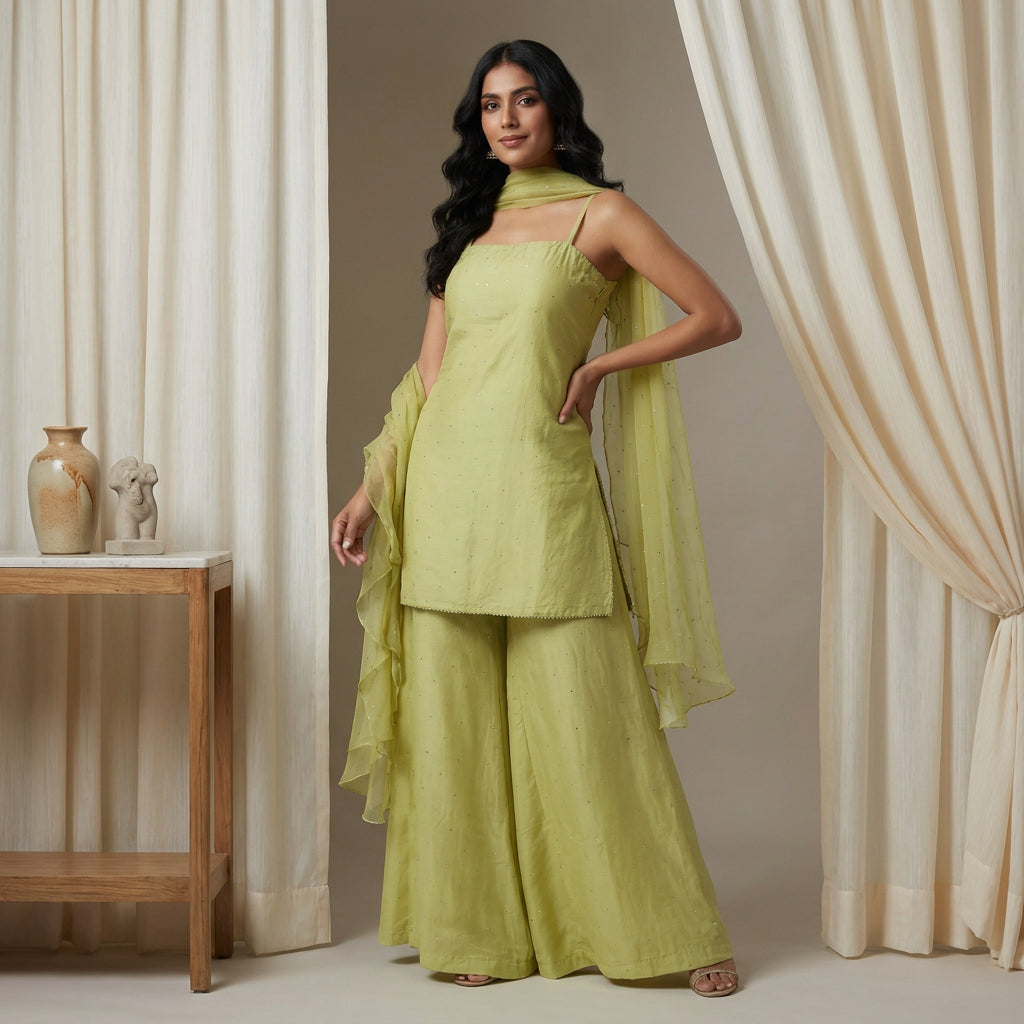 Meera Minimalist Sequinned Sharara Set in Soft Olive-Lime