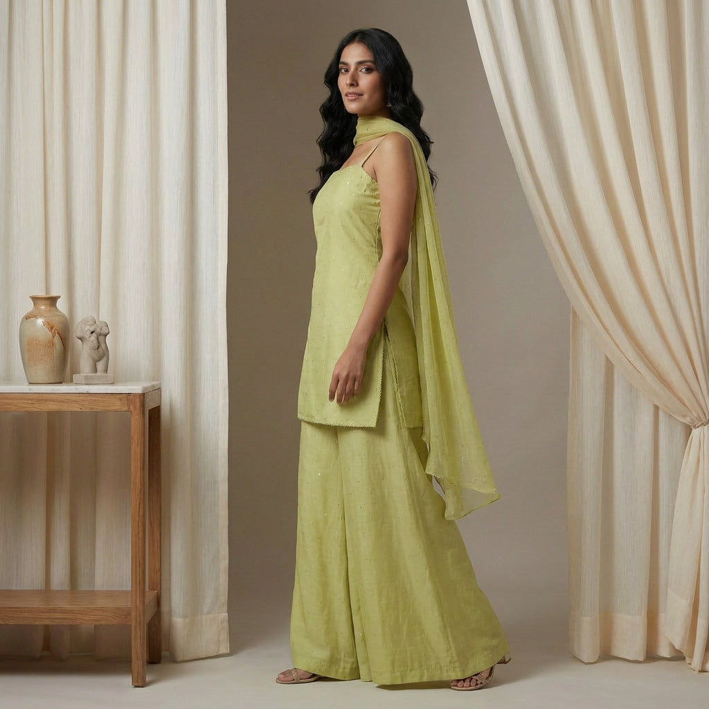 Meera Minimalist Sequinned Sharara Set in Soft Olive-Lime