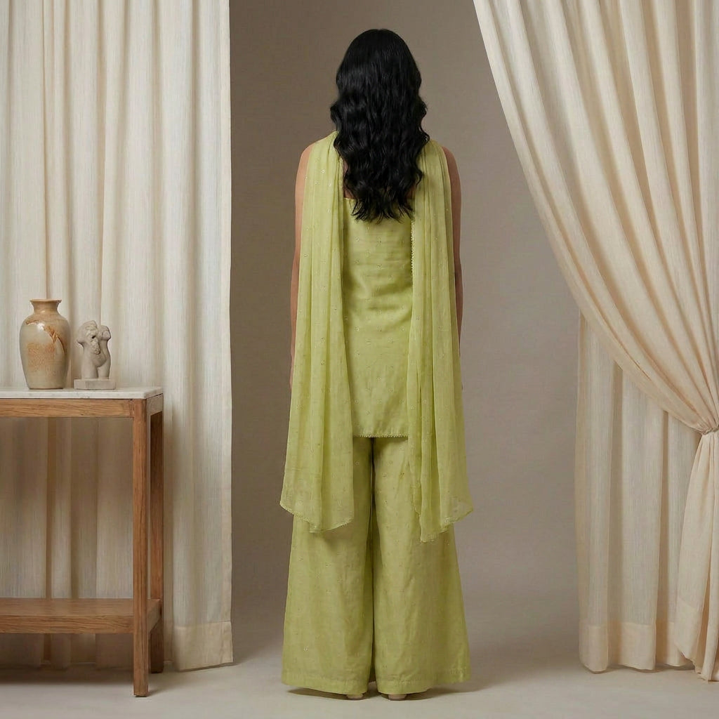 Meera Minimalist Sequinned Sharara Set in Soft Olive-Lime