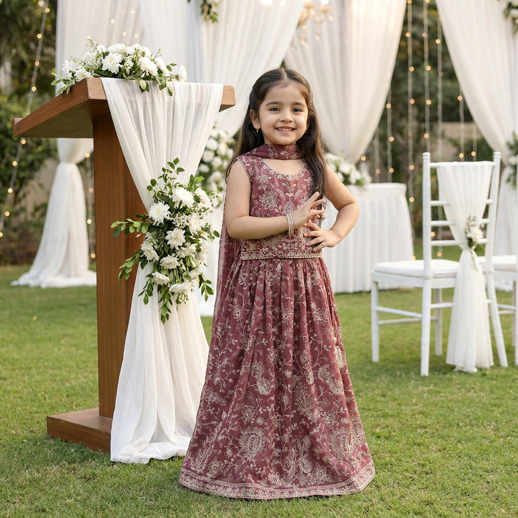Mini Heritage Embroidered Lehenga Set – Dusty Rose