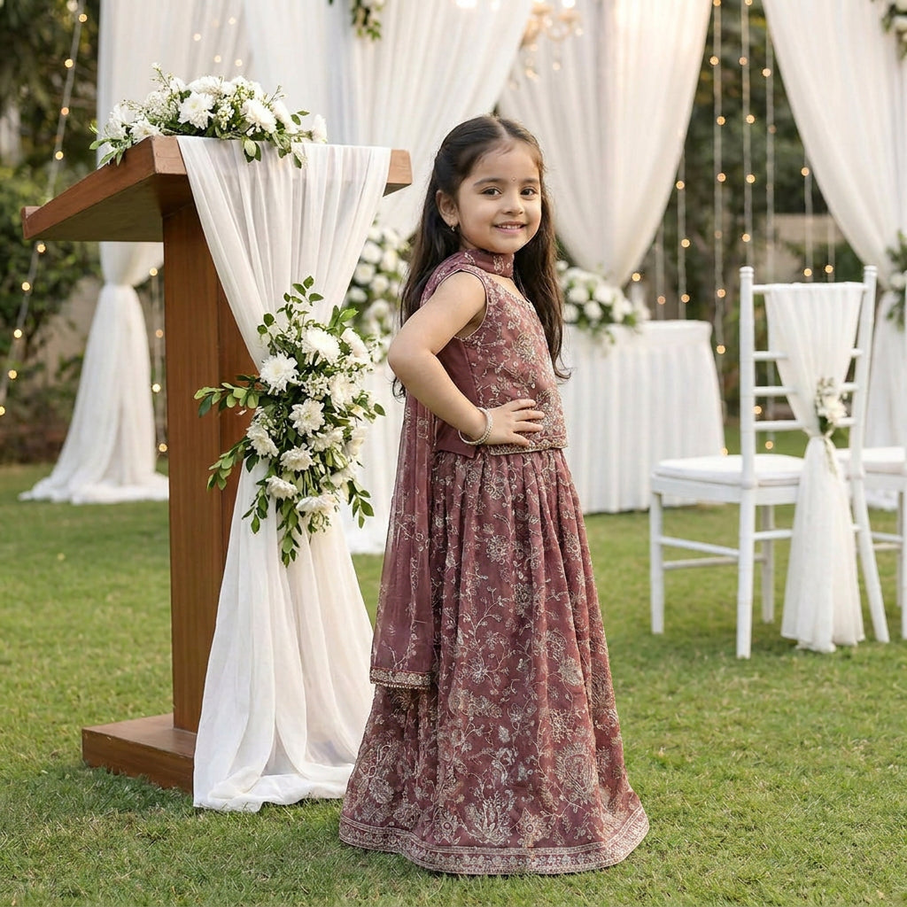 Mini Heritage Embroidered Lehenga Set – Dusty Rose