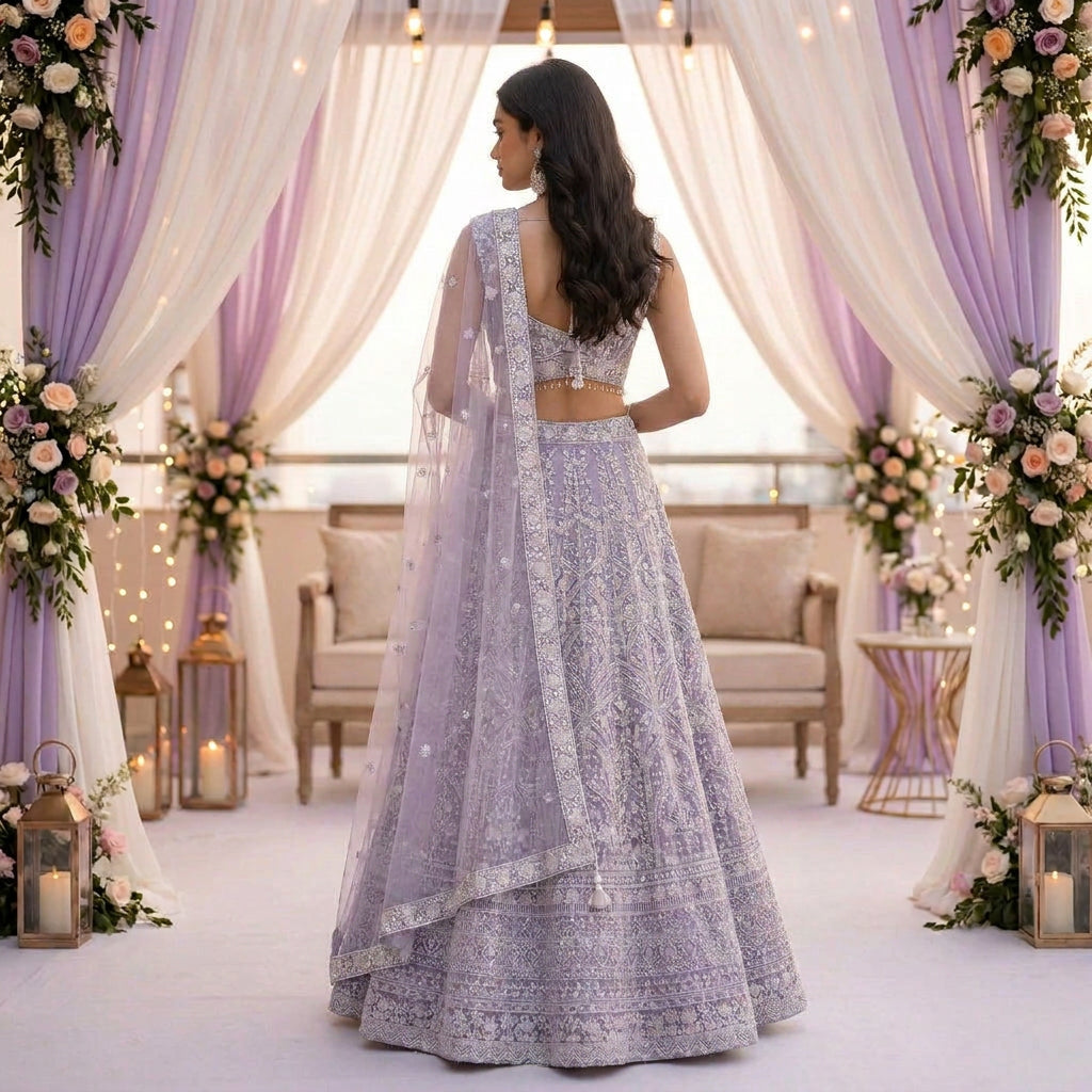Miraya Floral Embroidered Georgette Lehenga Set in Soft Lavender