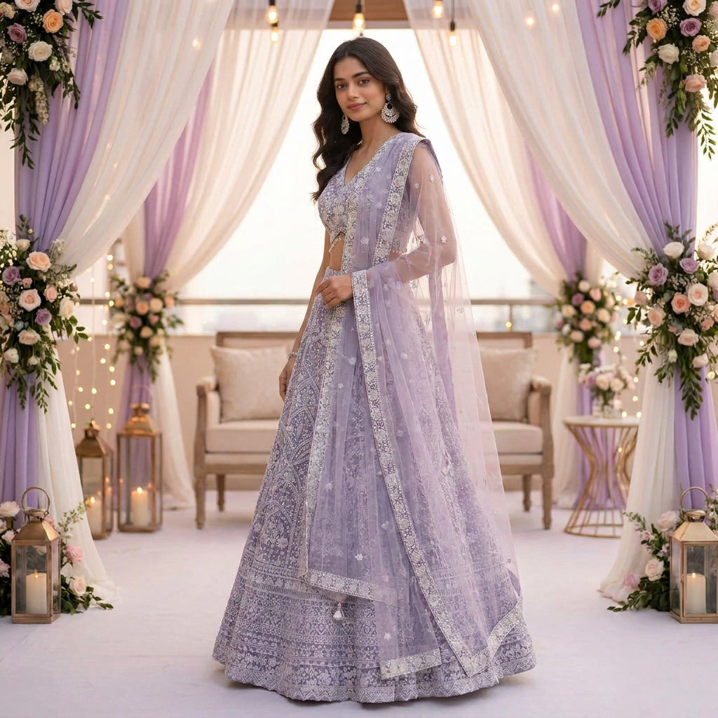 Miraya Floral Embroidered Georgette Lehenga Set in Soft Lavender