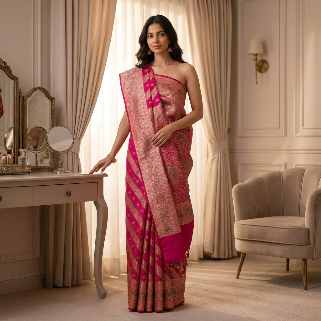 Myra Heritage Zari-Woven Silk Saree in Vivid Fuchsia With Unstich Blouse