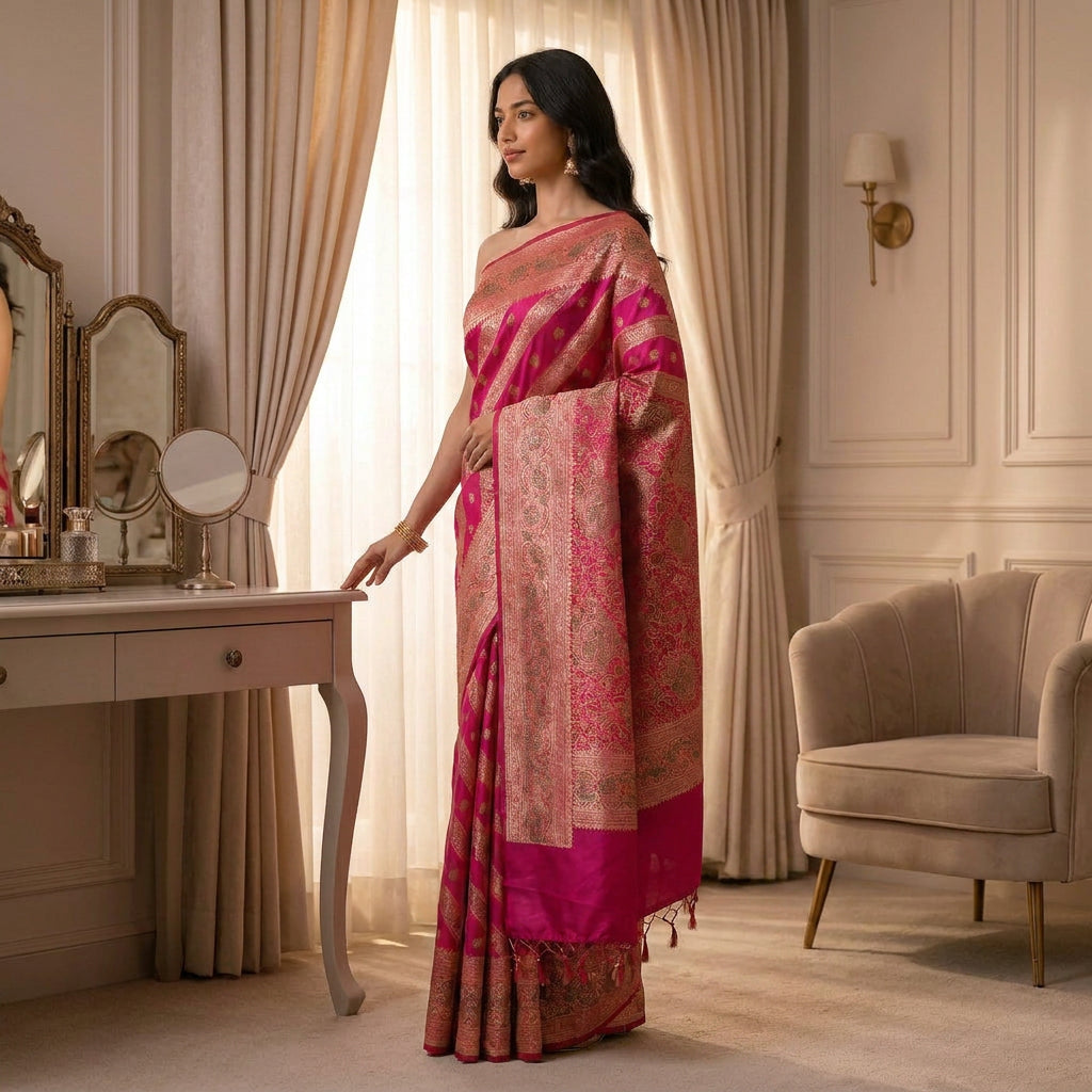 Myra Heritage Zari-Woven Silk Saree in Vivid Fuchsia With Unstich Blouse
