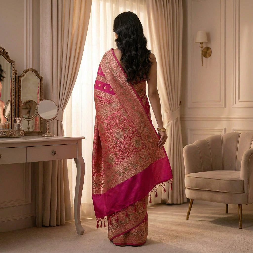 Myra Heritage Zari-Woven Silk Saree in Vivid Fuchsia With Unstich Blouse