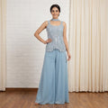 Powder Blue Embroidered Sleeveless Tunic & Flared Palazzo Set with Choker