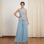 Powder Blue Embroidered Sleeveless Tunic & Flared Palazzo Set with Choker