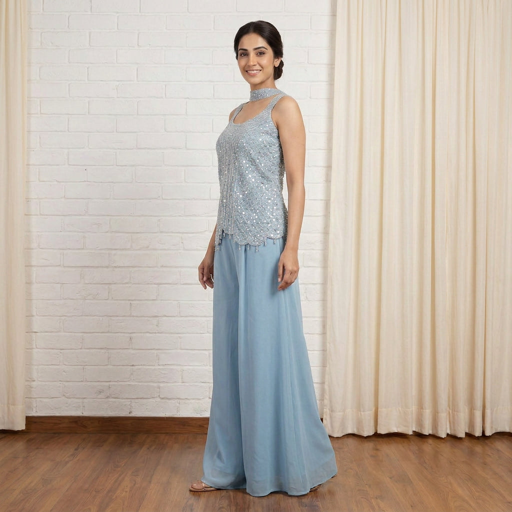Powder Blue Embroidered Sleeveless Tunic & Flared Palazzo Set with Choker