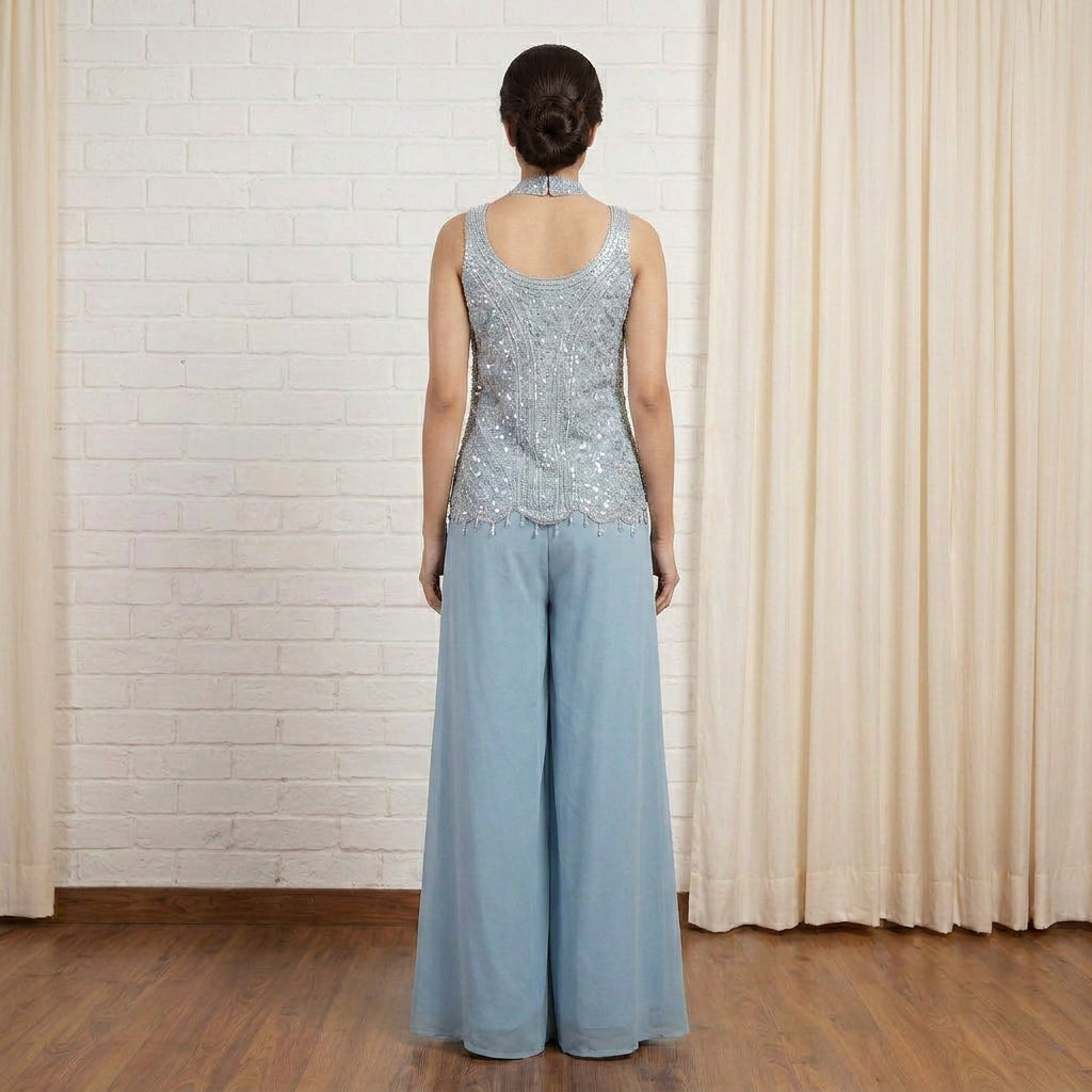 Powder Blue Embroidered Sleeveless Tunic & Flared Palazzo Set with Choker
