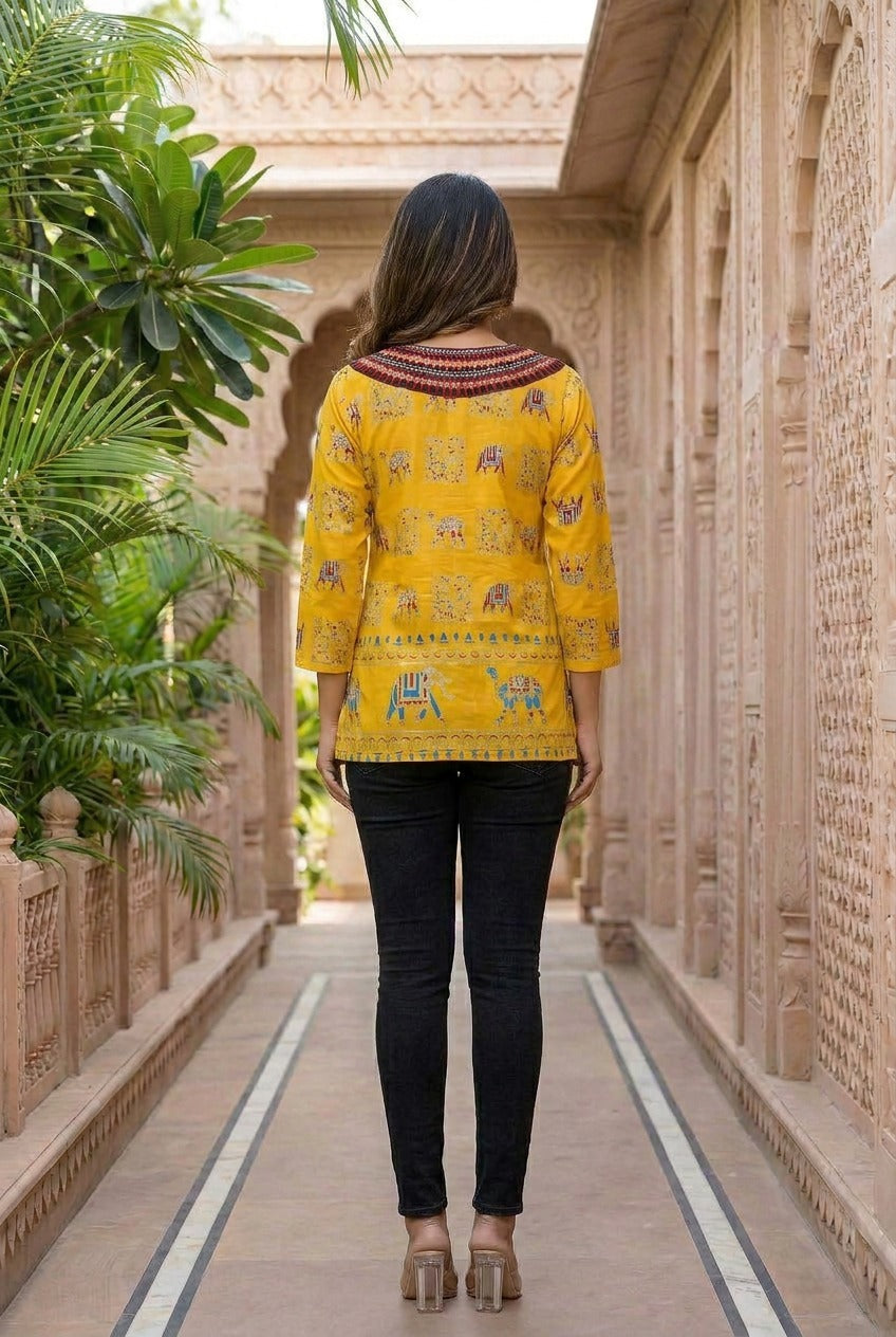 Avani Folk-Art Printed Tunic Top in Rich Yellow