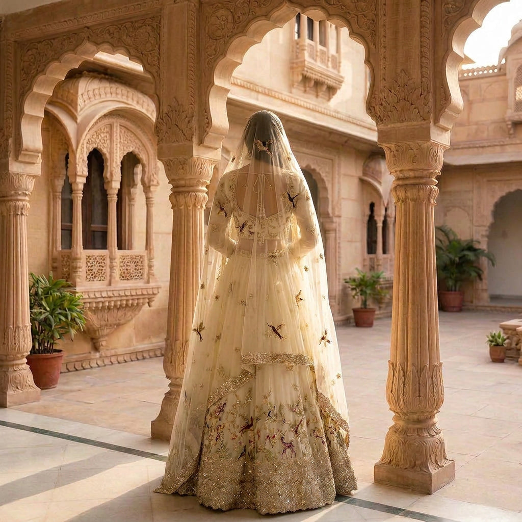 Avani Whimsical Forest Embroidered Lehenga Set in Pale Silk Cream