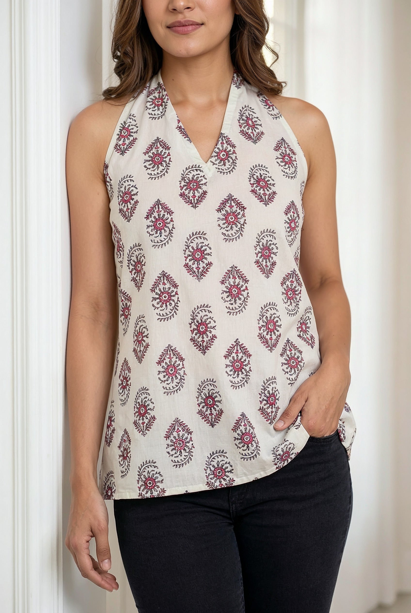Rhea Heritage Halter Top in Crisp Ivory & Rich Crimson