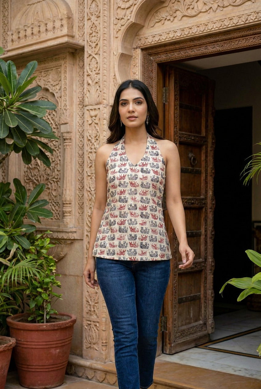 Maya Heritage Elephant Top in Crisp Ivory & Crimson
