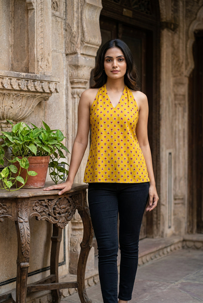Sia Heritage Halter Top in Rich Mustard & Crimson