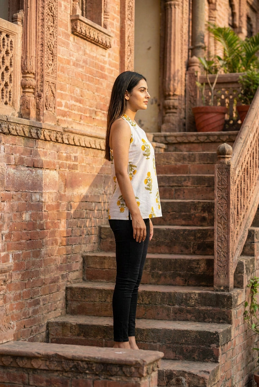 Ivory Marigold Block-Print Halter Top