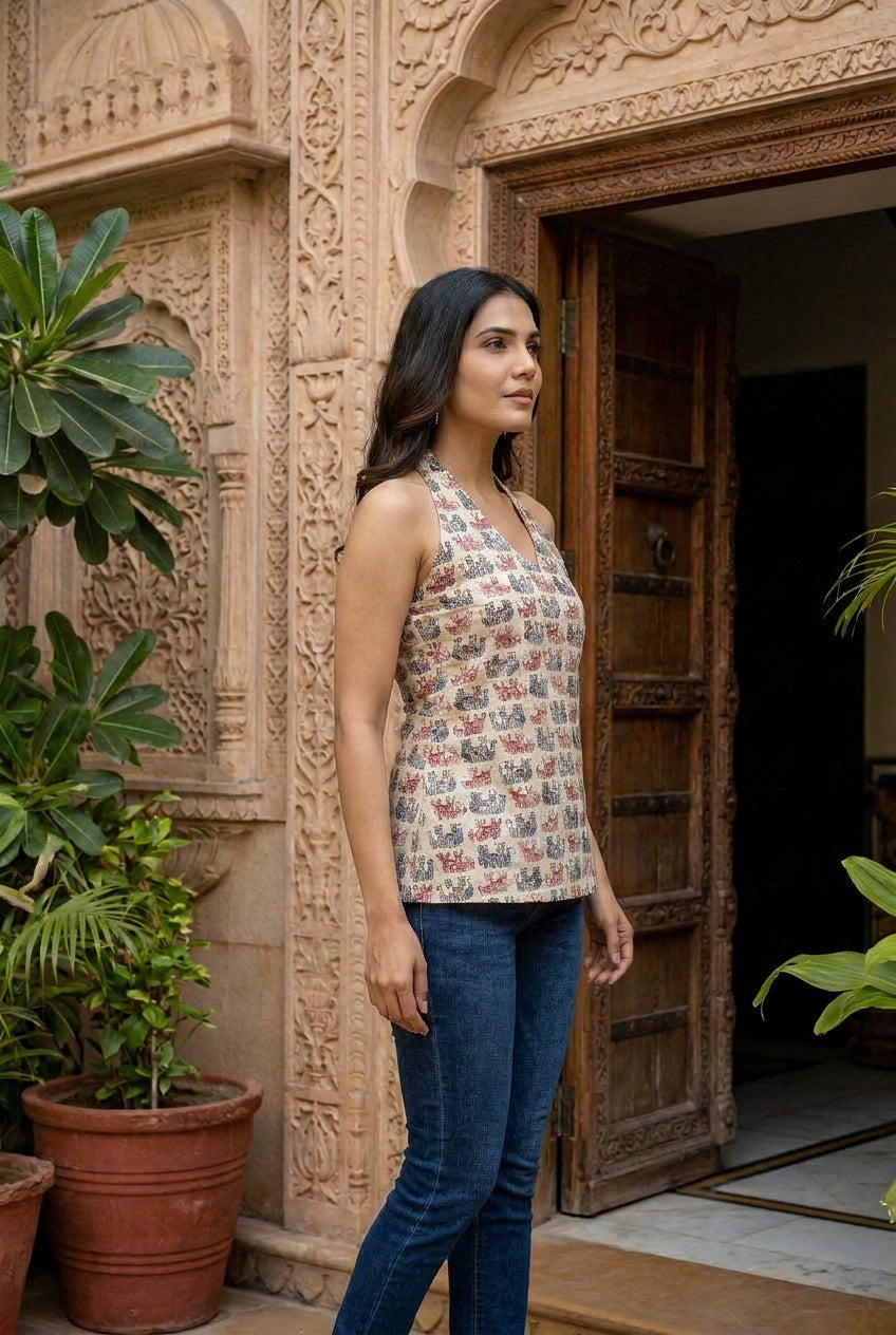 Maya Heritage Elephant Top in Crisp Ivory & Crimson